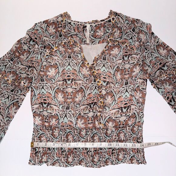 Anthropologie Ruffle Surplice Blouse Open Top Smocked Waist Floral Paisley Pt M - Picture 9 of 16
